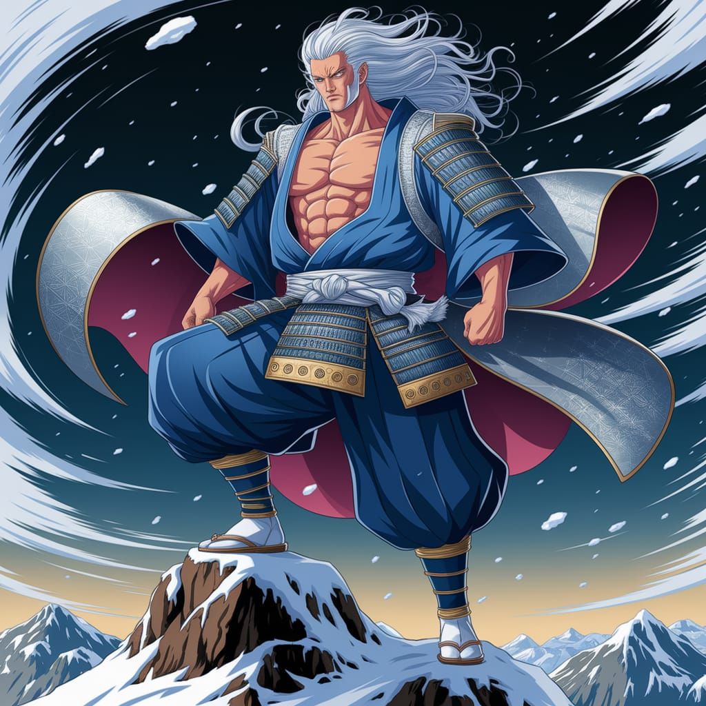 Samurai on Snowy Peak in Anime Style