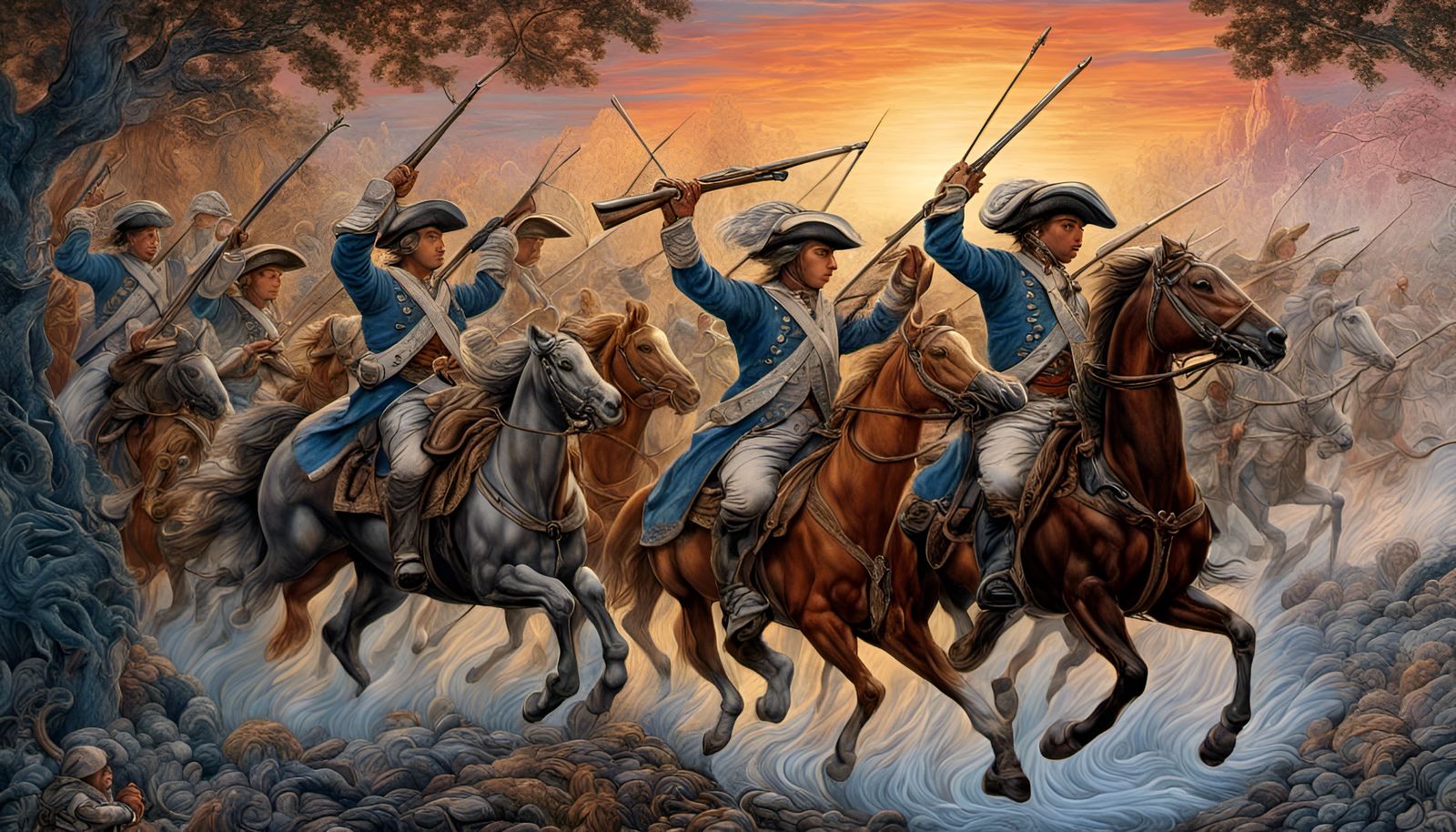 Revolutionary War Battle in Baroque Precisionist Style