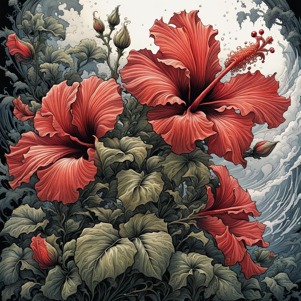 Hibiscus Ink Sketch: Botanical Art in Comic Style