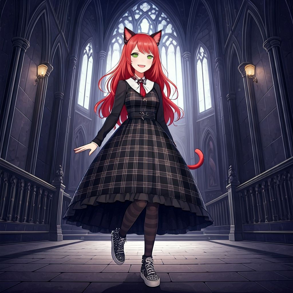 Gothic Redhead Woman in Castle, Sinister Watercolor Style