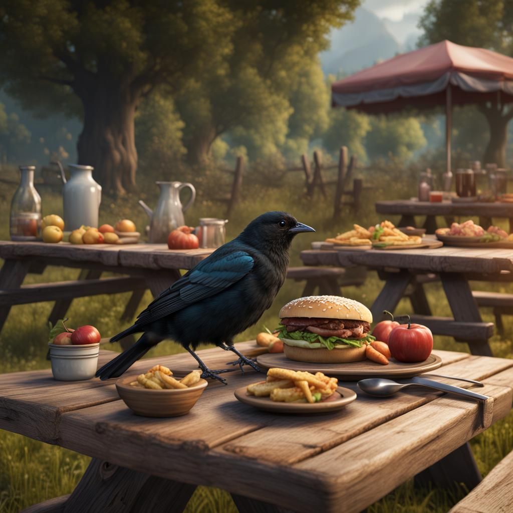 Cowbird Observes Picnic Feast: Matte Painting