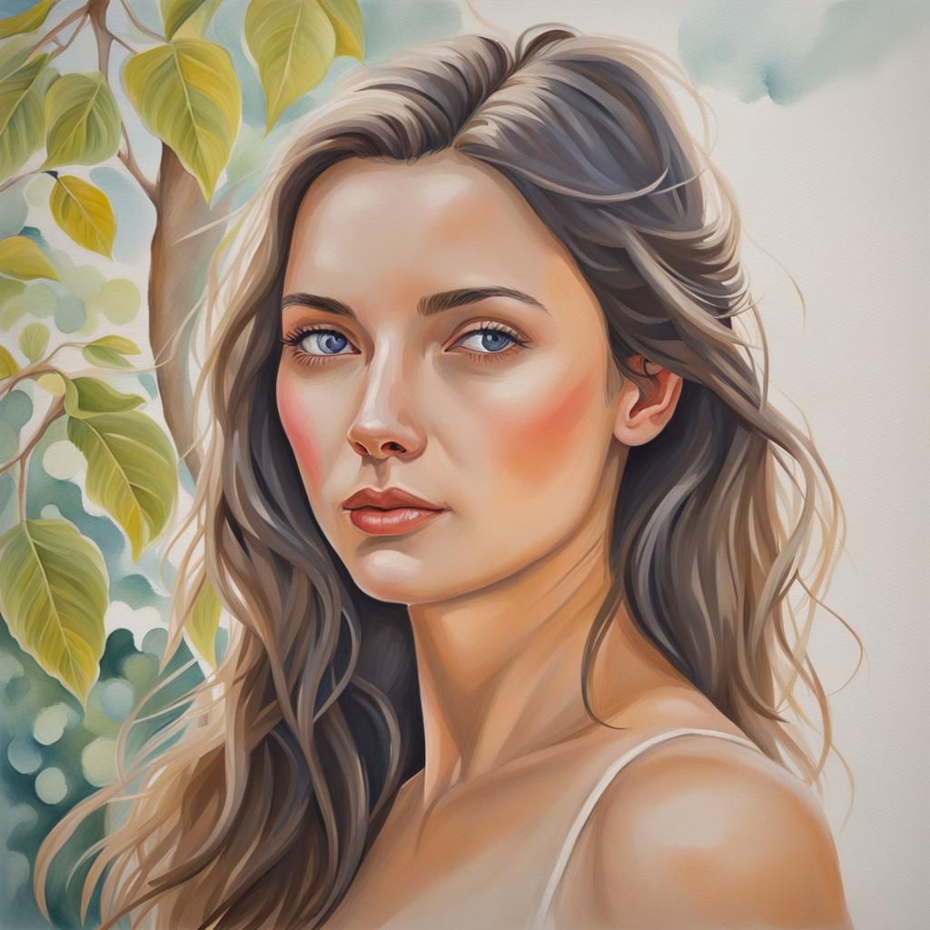 Naturally Beautiful Woman in Gouache