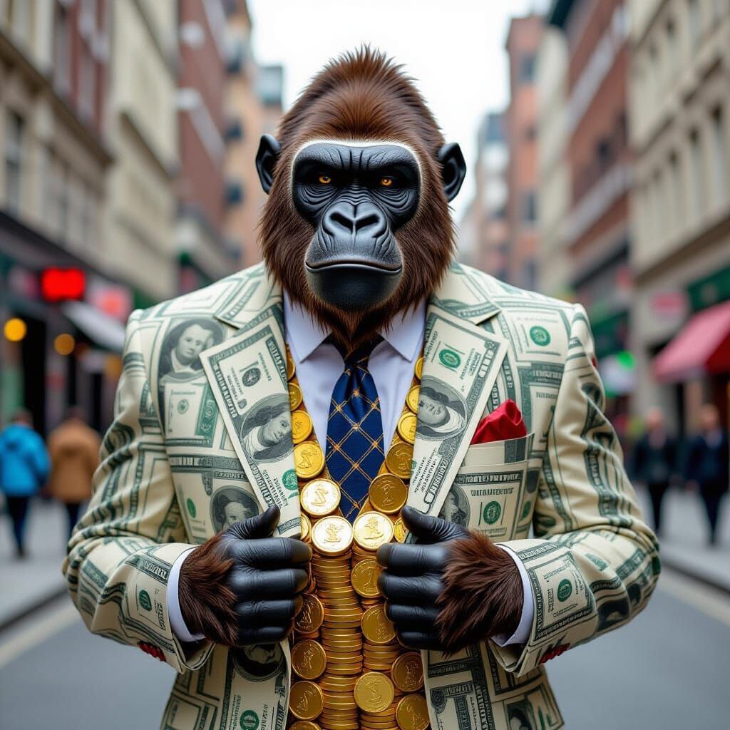 Money Gorilla in City Street, Surreal Pop Art