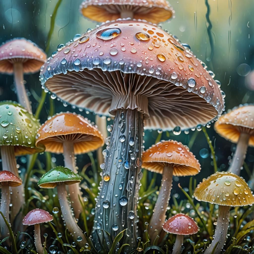 Pastel Mushroom with Dew Drops in Impasto Style