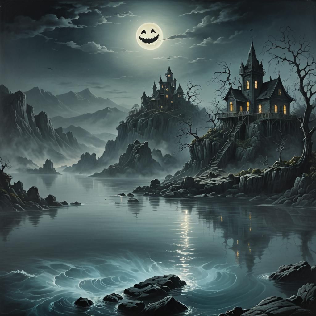 Ghostly Smiley Face Haunts Rocky Island in Surreal Style