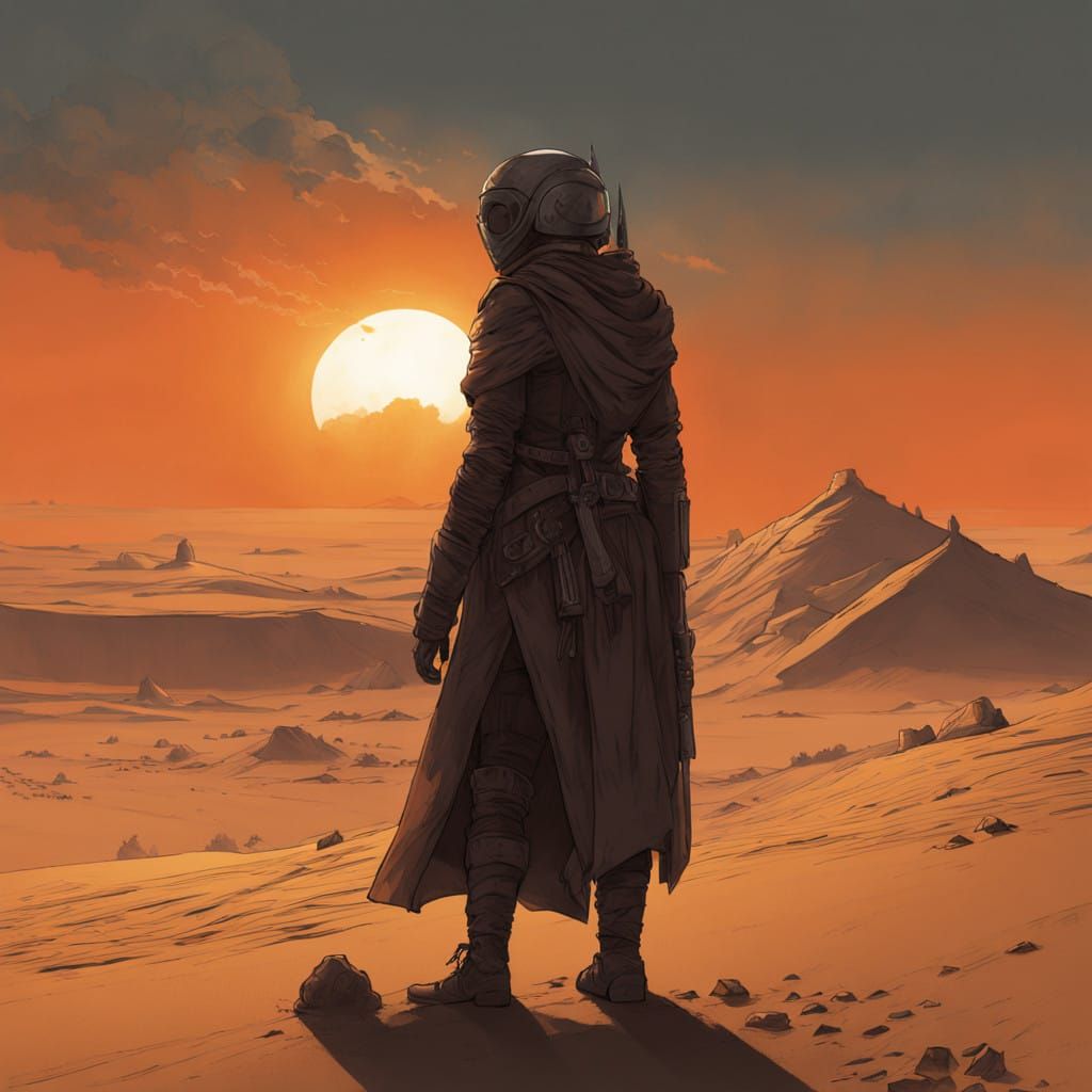 Fremen Woman Stands Vigilant on Dune as Twin Suns Set on Arr...