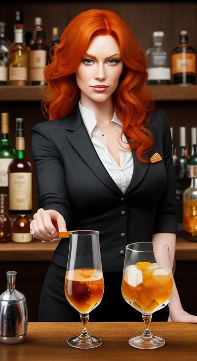 Redhead Bartender Serves Whisky, Abstract Art