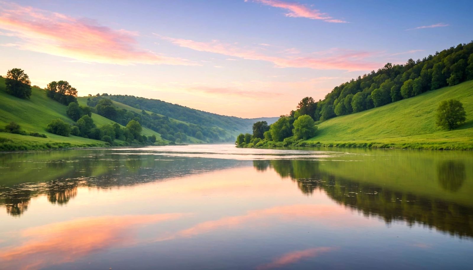 Pastel Clouds Over Serene River and Rolling Hills