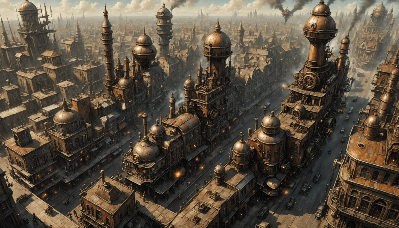 Steampunk City Besieged: Impressionistic Aerial View
