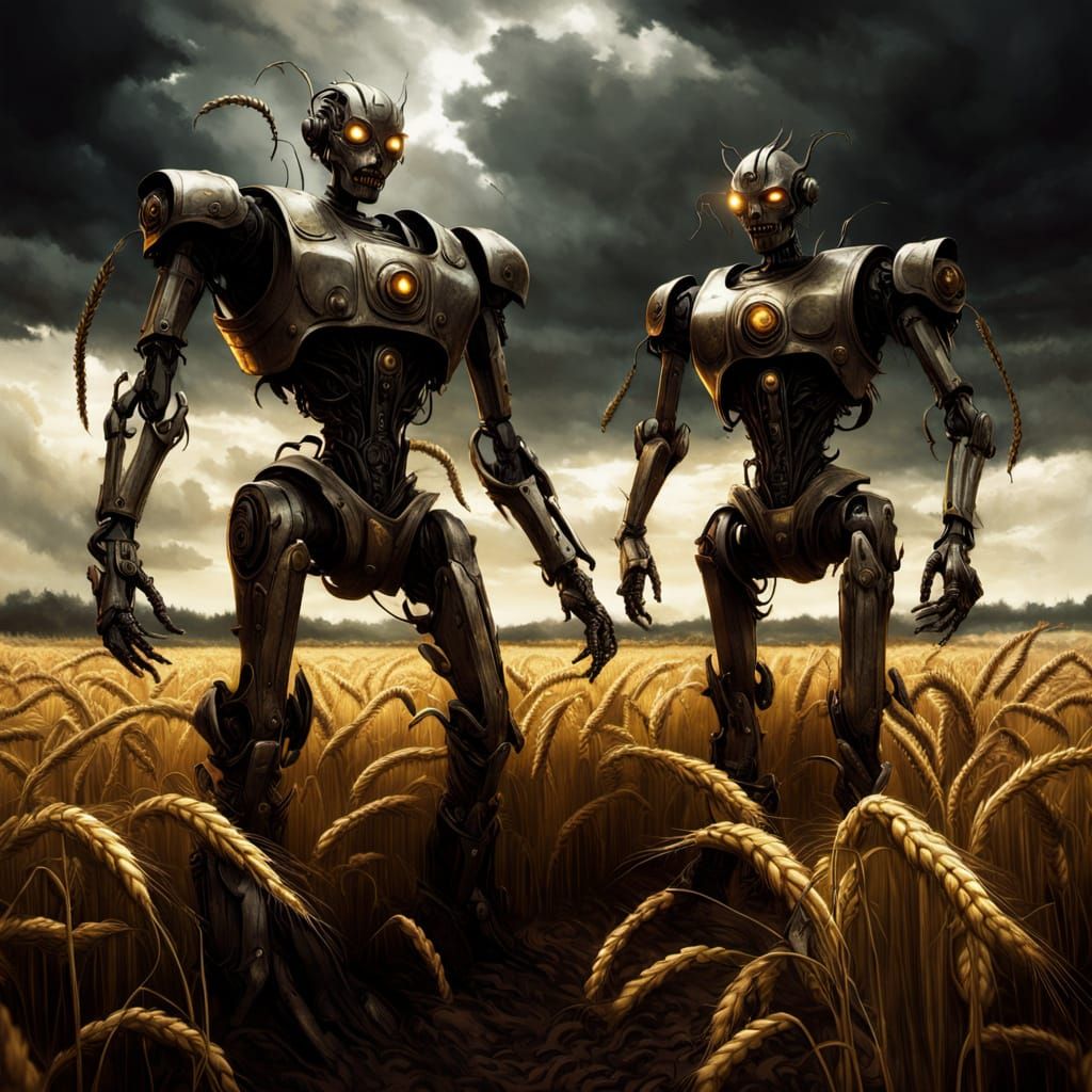 Robots Farming Wheat in Dark Fantasy Style