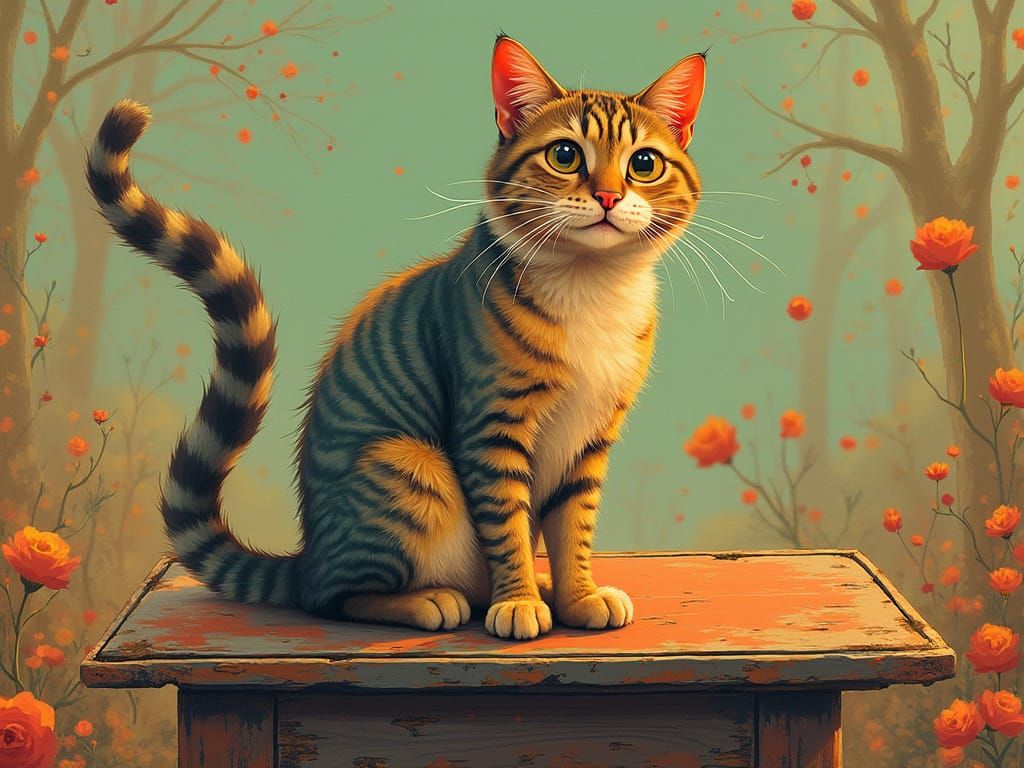 Hyperrealistic Cat on Wood in Vibrant Colors