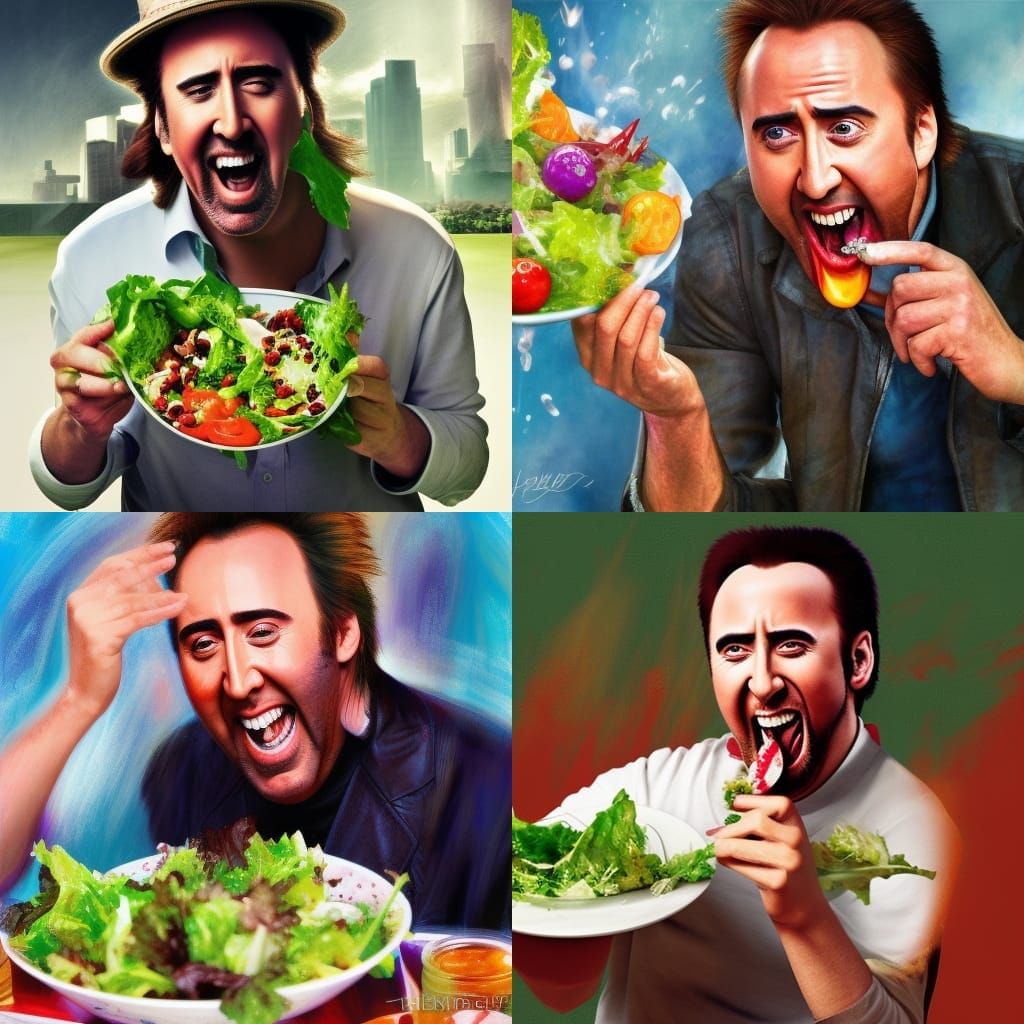 Hyperrealistic Nicolas Cage Laughing and Eating Salad