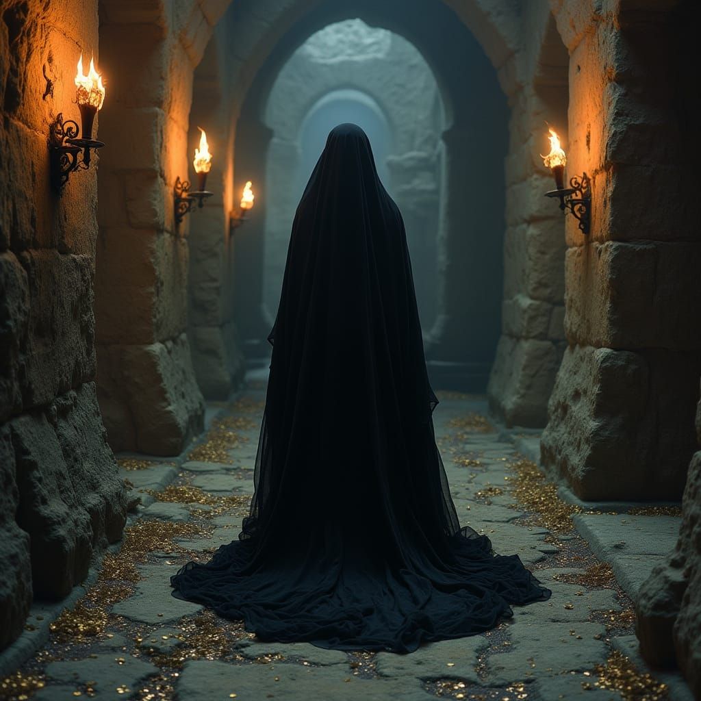 Mysterious Dark-Robed Witch in Ancient Catacombs