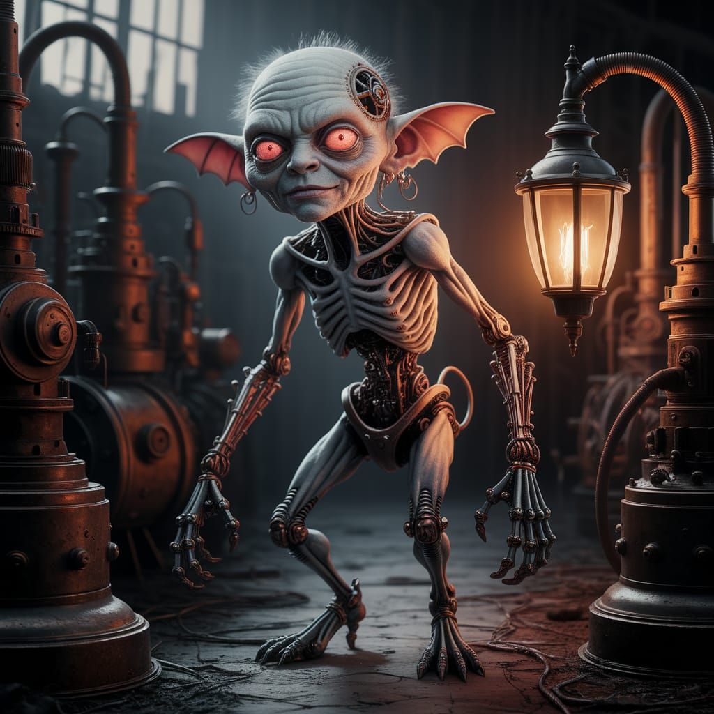 Gothic Cyborg Goblin in Abandoned Factory