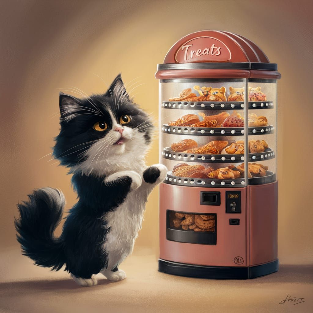 Whimsical Cat Stares at Treat Vending Machine