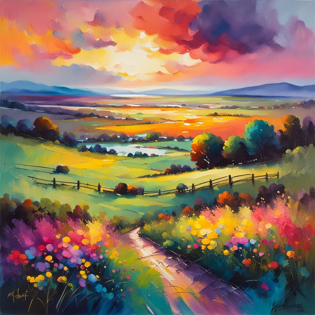 Sunset Pastoral Landscape in Gouache Style