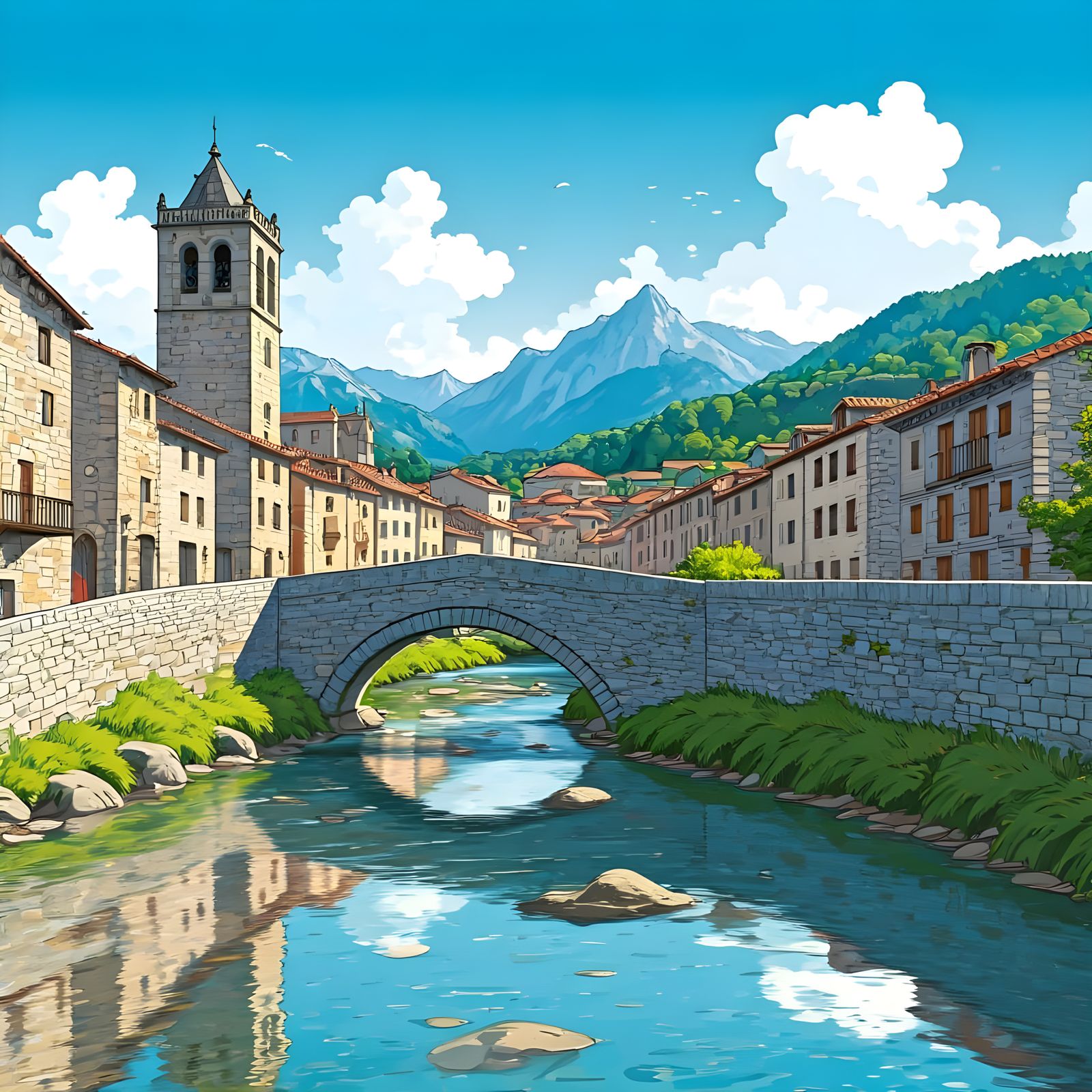 Potes, Spain: Medieval Town in Watercolor Style