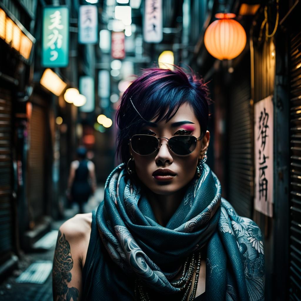 Cyberpunk Woman in Tokyo Alleyway at Night