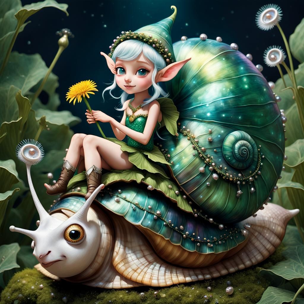 Elf Rides Giant Snail Through Faerie Landscape