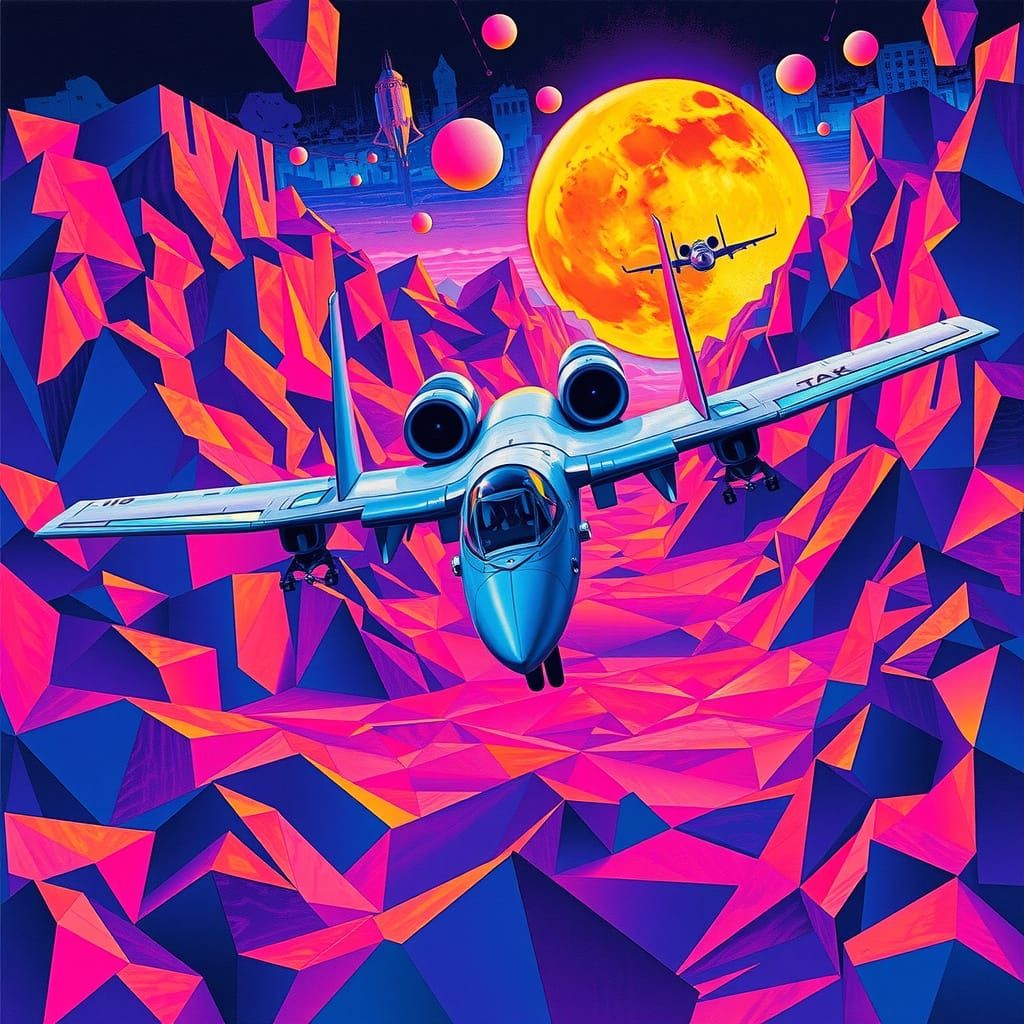 Retrofuturistic A-10 Warthog in Geometric Landscape