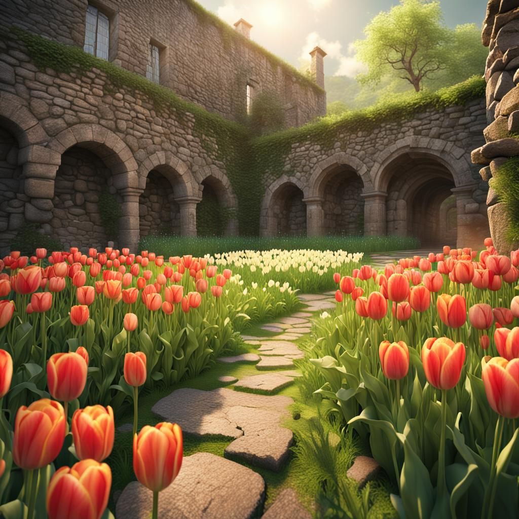 Lush Tulips in Monet-Inspired Garden: Digital Painting