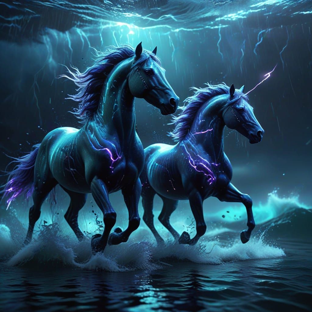 Ethereal Horses Gallop Under Oceanic Storm