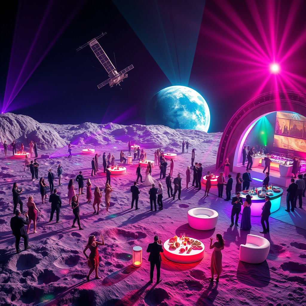 Moon Party: Astronauts Dancing Under Disco Lights