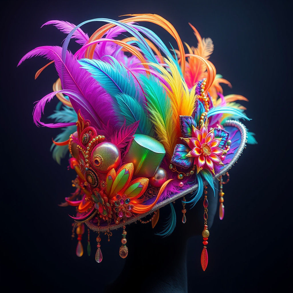 Cyberpunk Hat with Iridescent Feathers and Neon Swirls