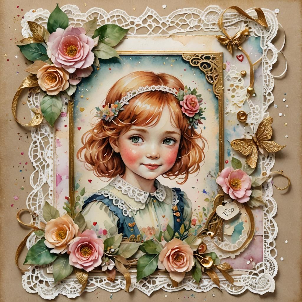 Watercolor Portrait with Floral Lace Border and Gold