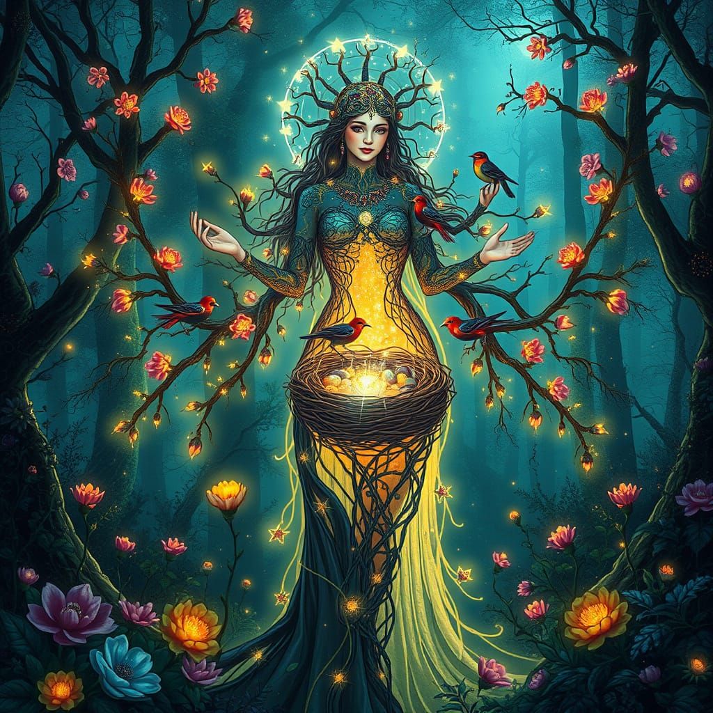 Glowing Goddess in Bioluminescent Forest, Dreamlike Concept ...