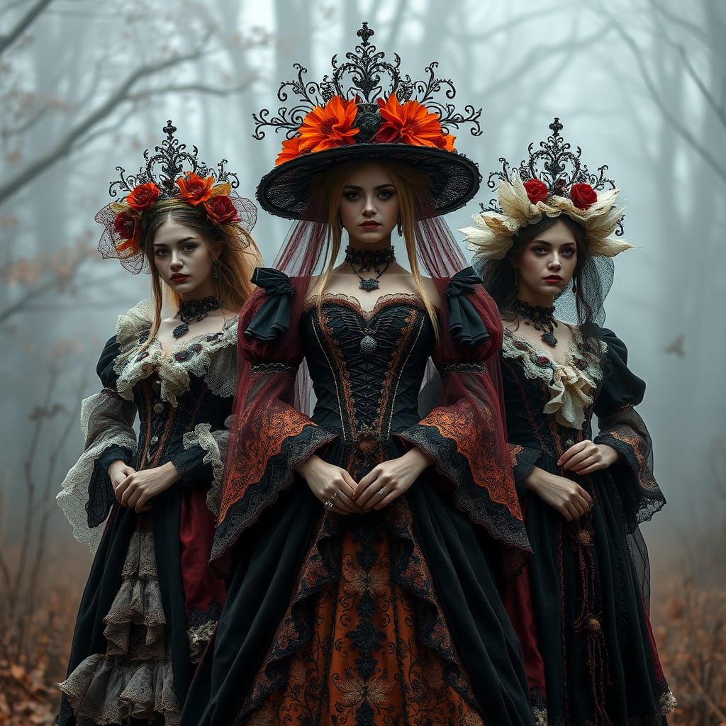 Regal Halloween Maidens in Ornate Costumes