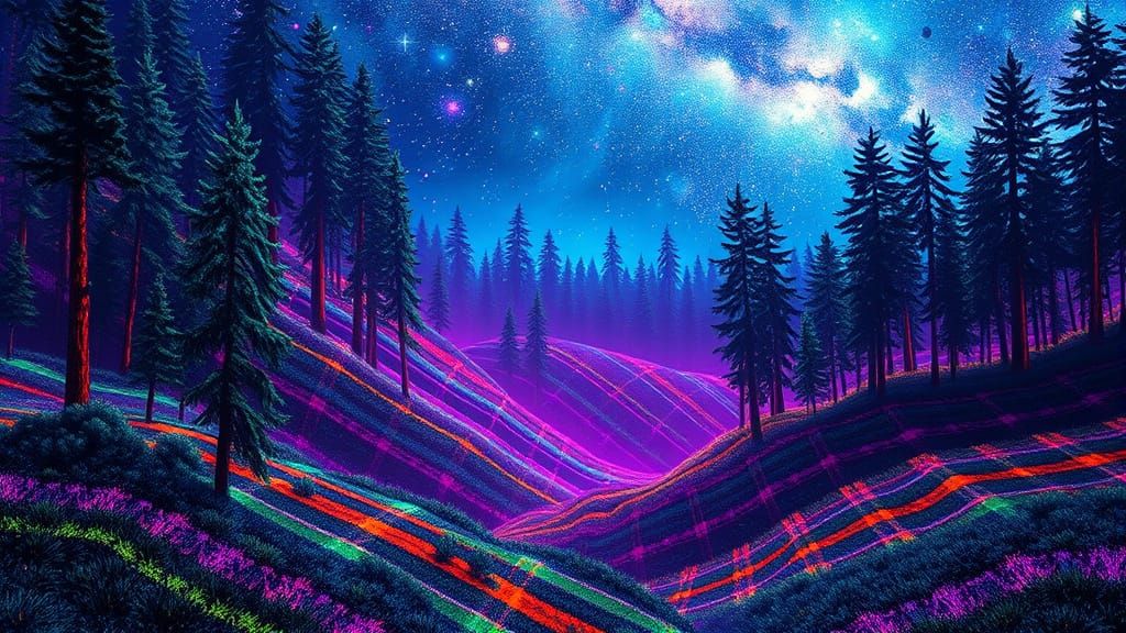 Plaid Forest Under Cosmic Sky in Hyperrealistic Style