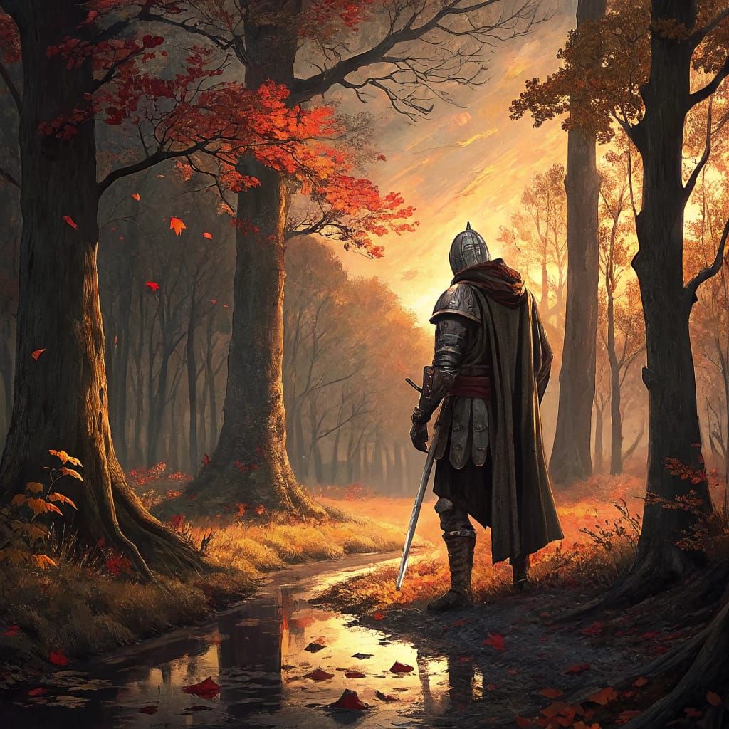 Knight at Forest Edge: Romantic Oil Painting