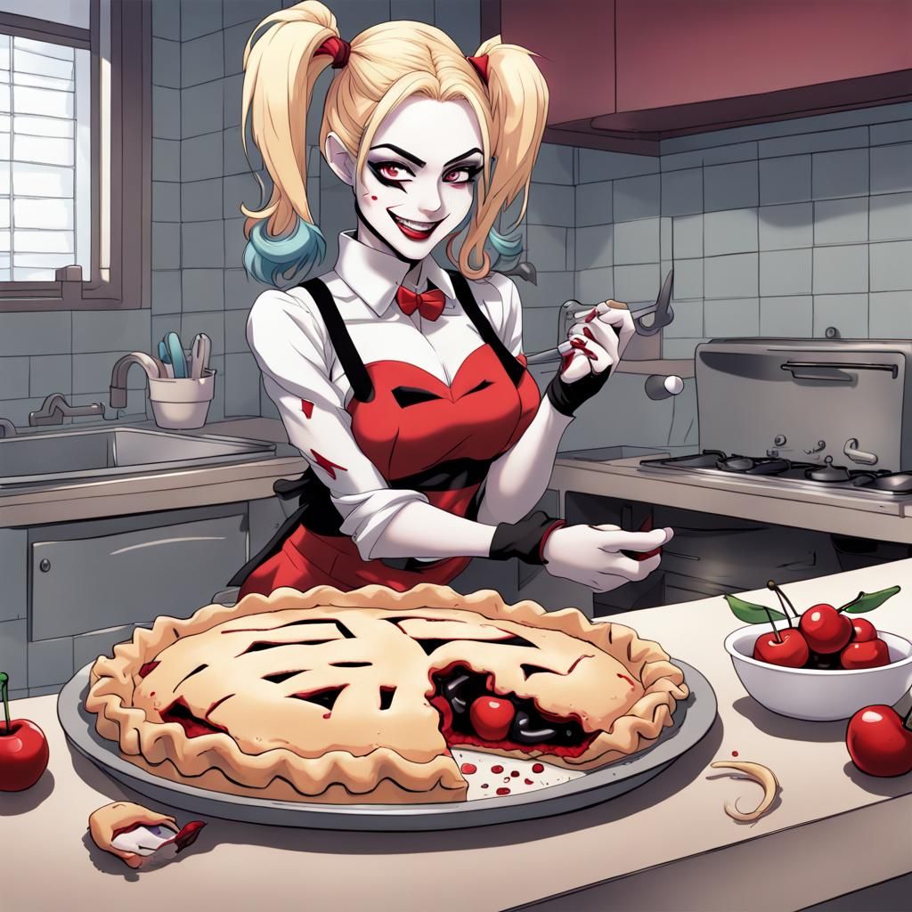 Harley Quinn Baking a Cherry Pie in Anime Style