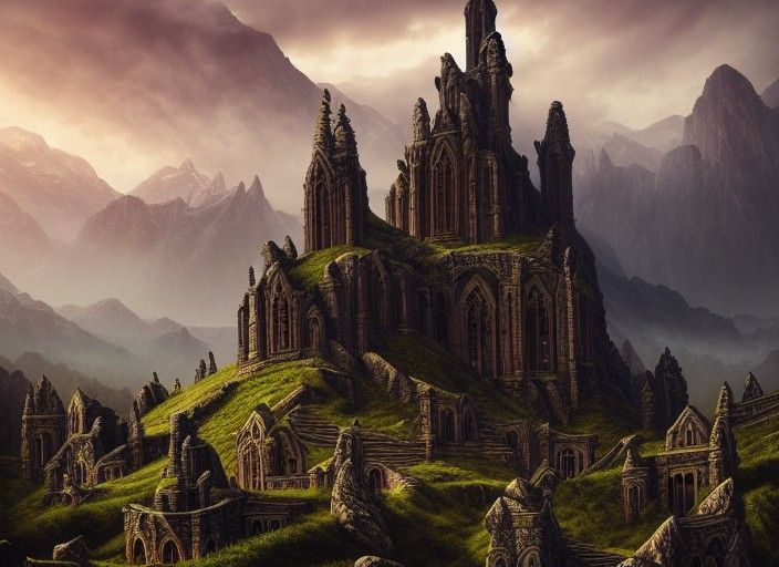 Epic Elven Palace Ruins in Mountain Landscape