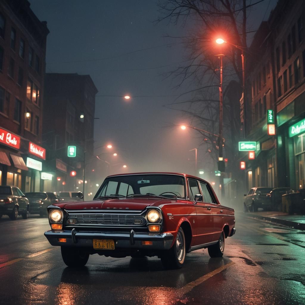 Red 1966 Rambler Sedan at Midnight as Digital Painting