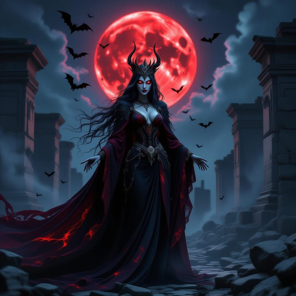 Goddess Vampire Queen Under Blood Moon in Ancient Ruins