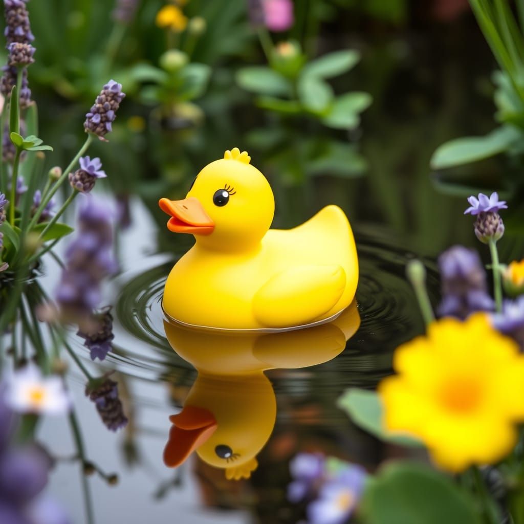 Cute Rubber Duck in a Lavender Pond
