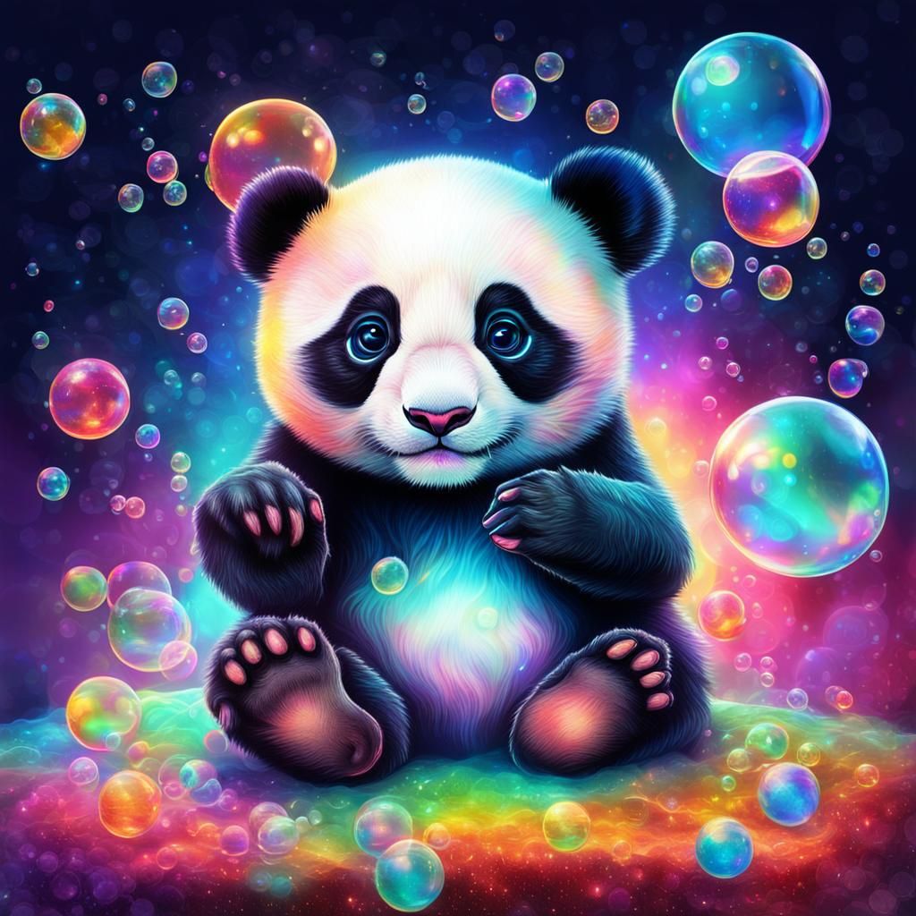 Baby Panda Bear Blowing Bubbles: Cosmic Illustration