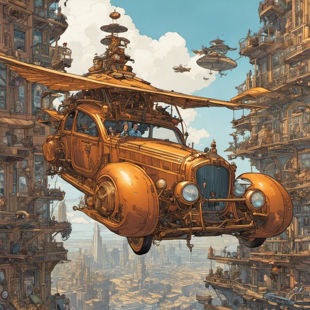 Steampunk Flying Car Prototype in Watercolor Comic Art