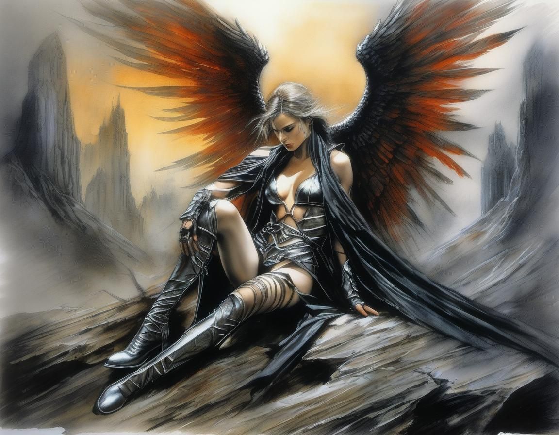 Fallen Angel in Storm, Watercolor and Sketch Art