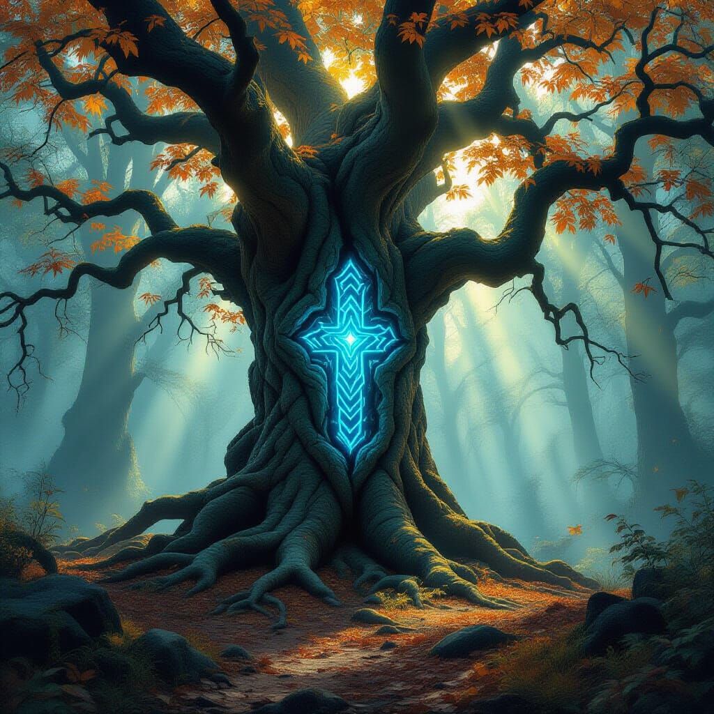Ancient Tree with Glowing Runes in Ethereal Forest