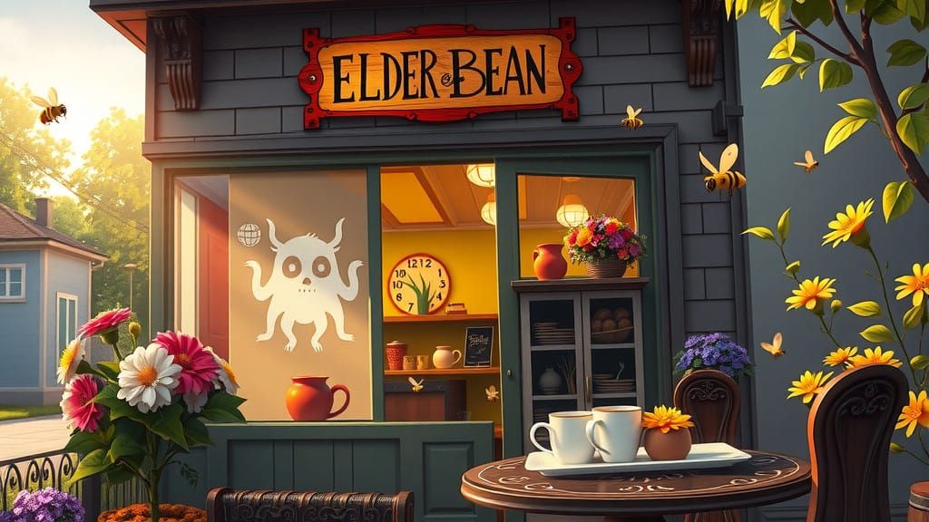 Elder Bean Coffee Shop in Whimsical Neighborhood Setting