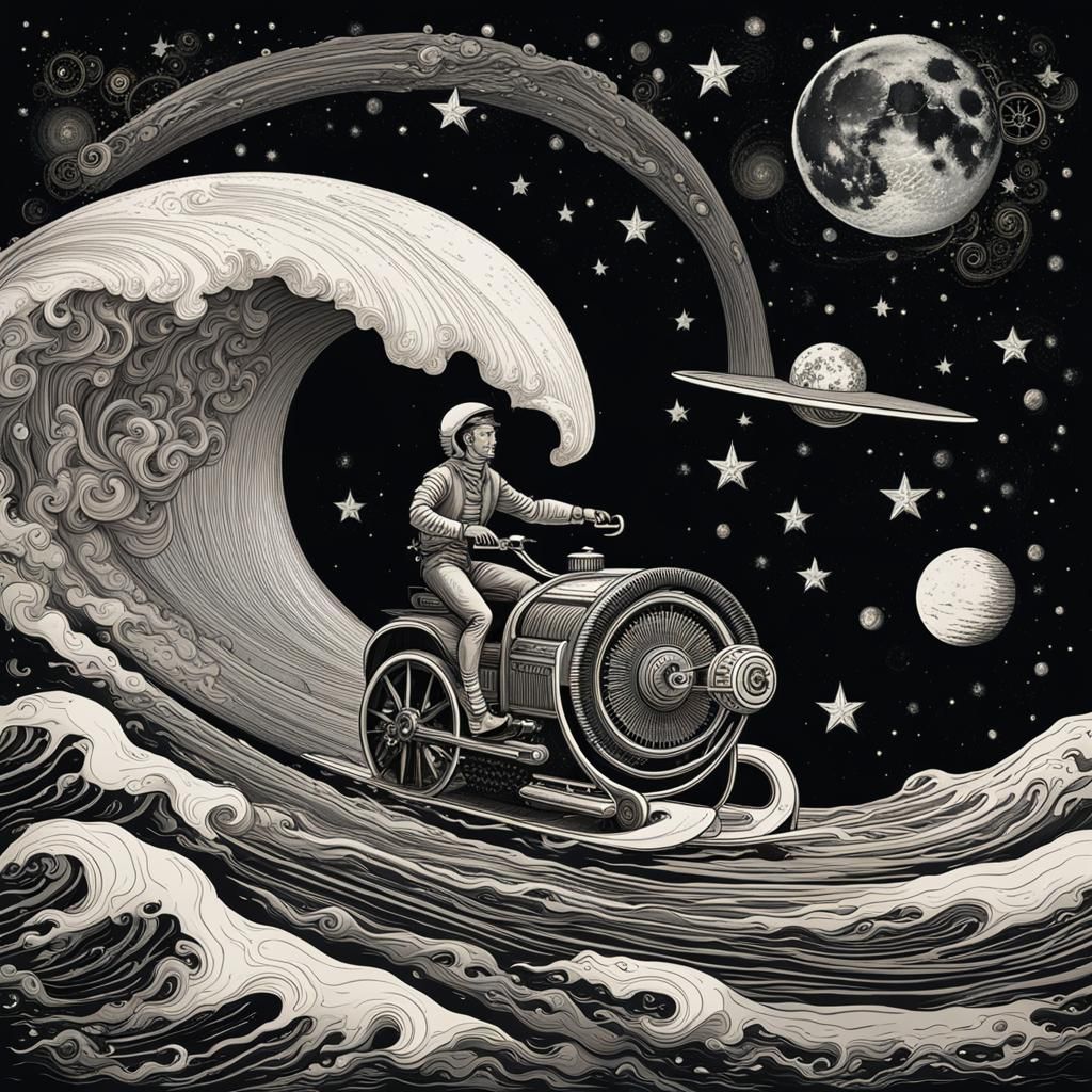 Steampunk Surfer Rides Lunar Wave Under Stars