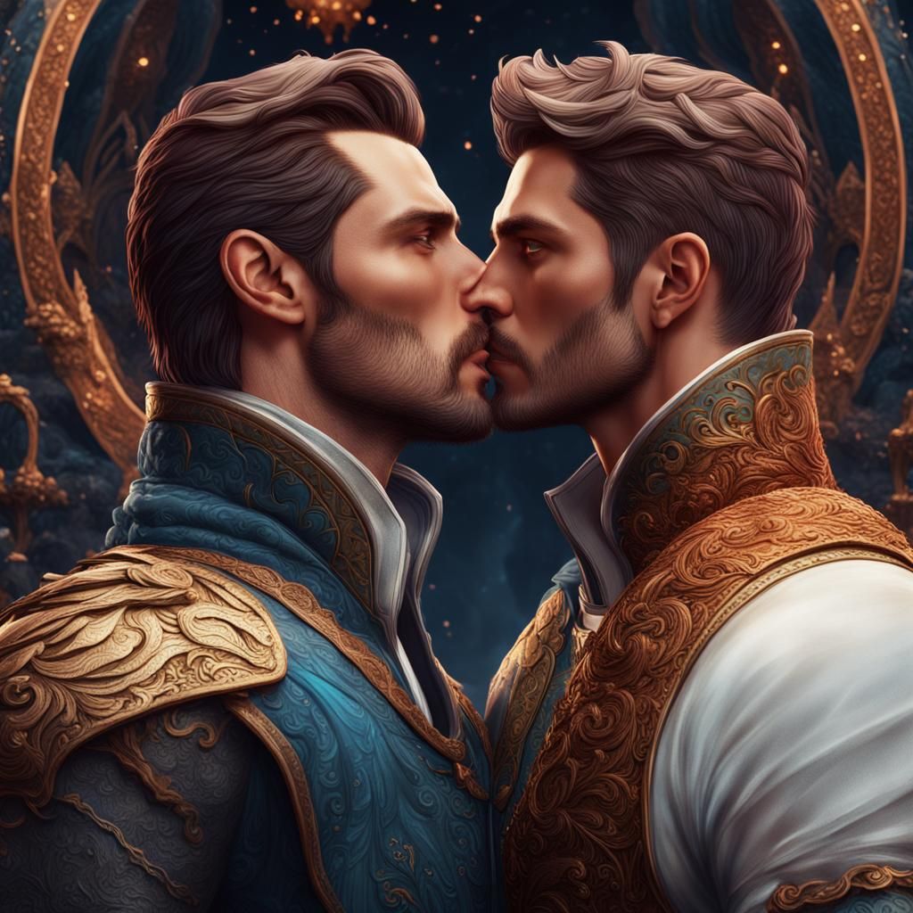 Passionate Kiss: Detailed Fantasy Painting of Two Men