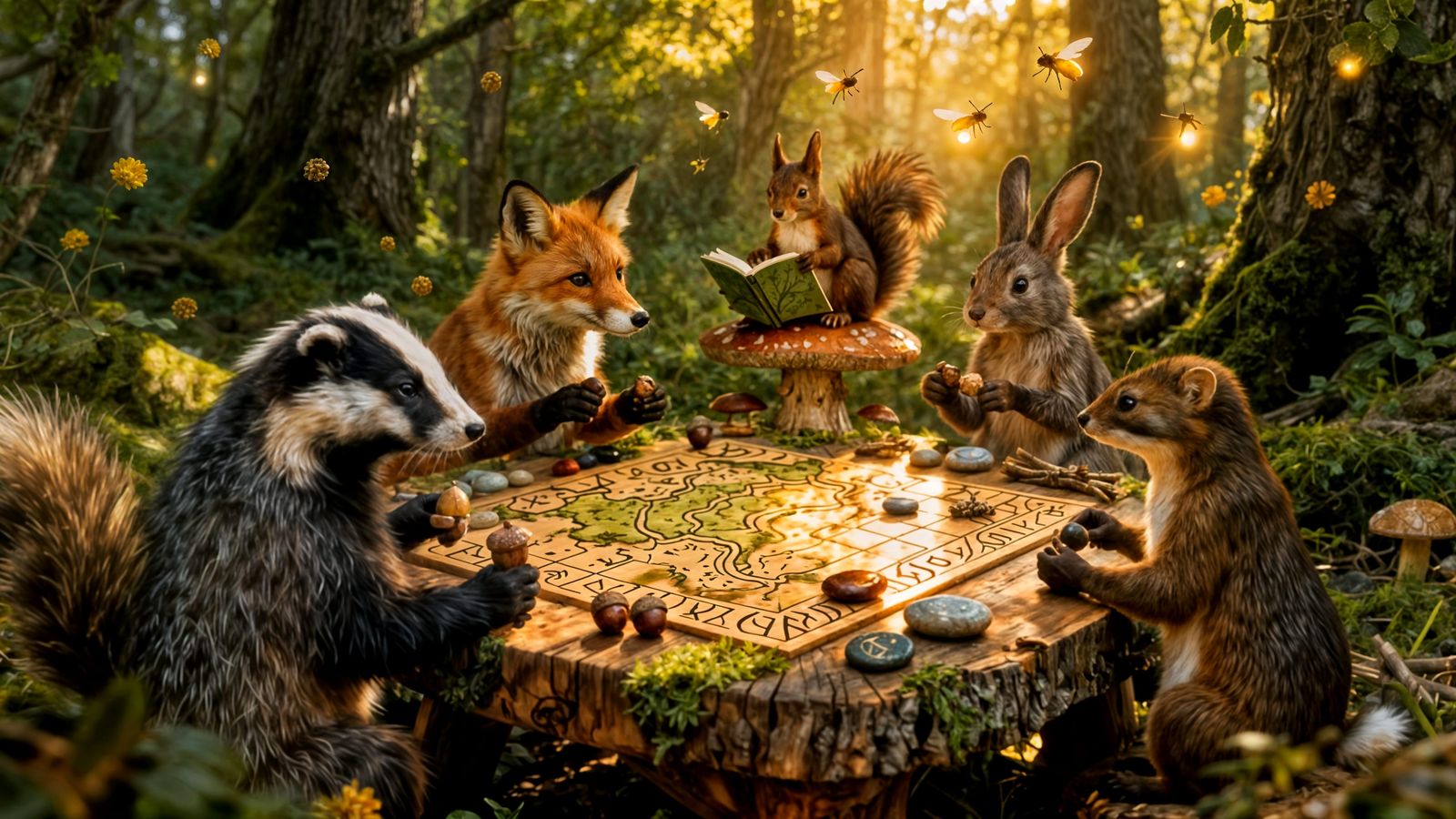 Forest Creatures Play Enchanted Board Game in Sunlit Clearin...