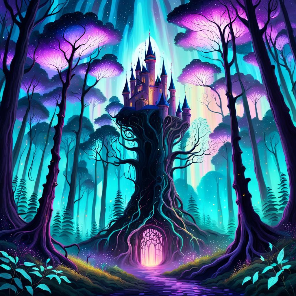 Surreal Forest Castle at Dusk in Art Nouveau Style