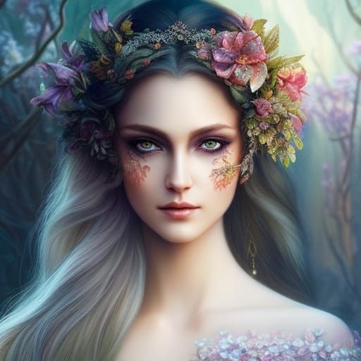 Detailed Woodland Elf Portrait in Art Nouveau Style