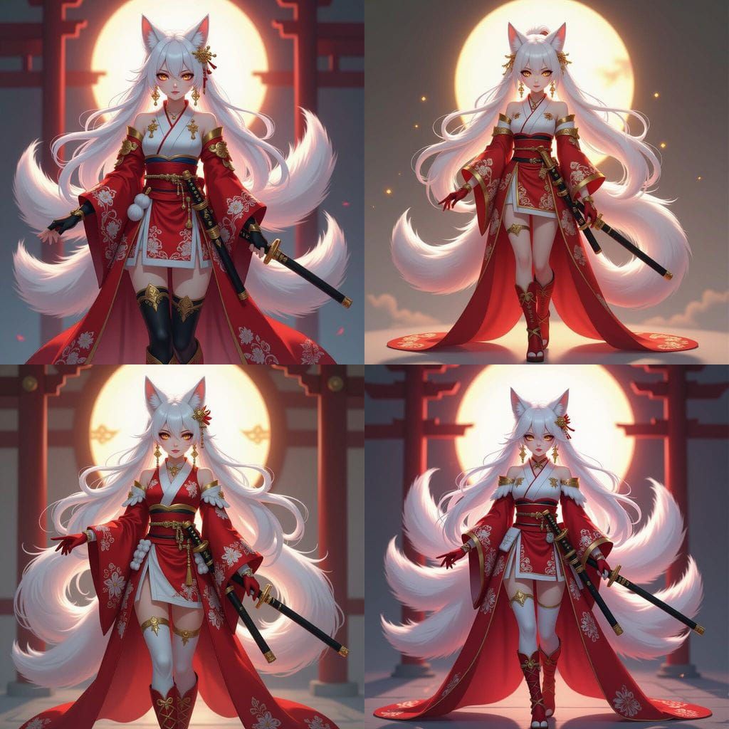 Anime Kitsune Admiral in Red Kimono with Golden Eyes