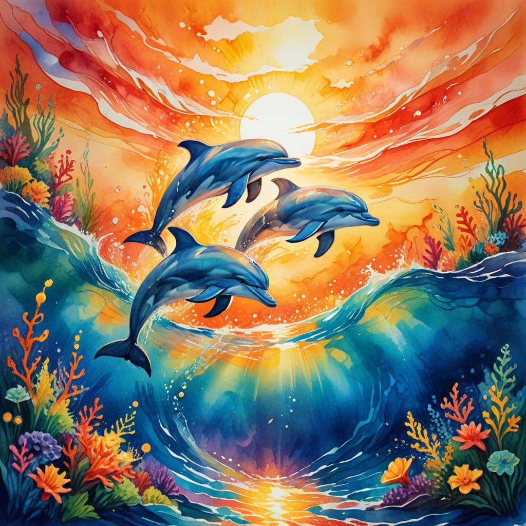 Dolphins Swimming in Coral Reef, Fauvist Watercolor